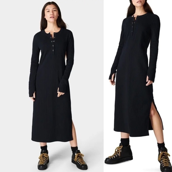 Sweaty Betty Ribbed Knit Henley Midi Black Dress 12 - Picture 1 of 12